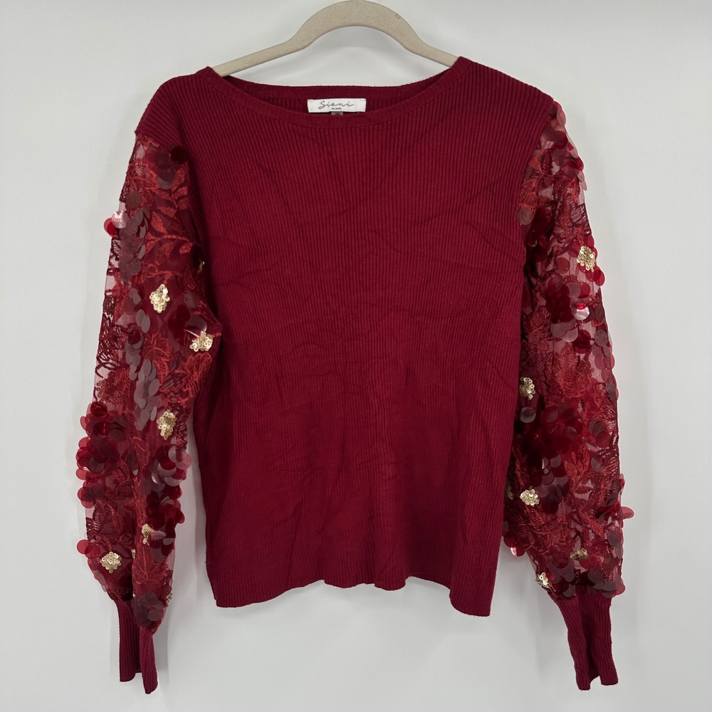 Siani Milano Burgundy Ribbed Knit Sweater Sequin Lace Statement Sleeve Womens M